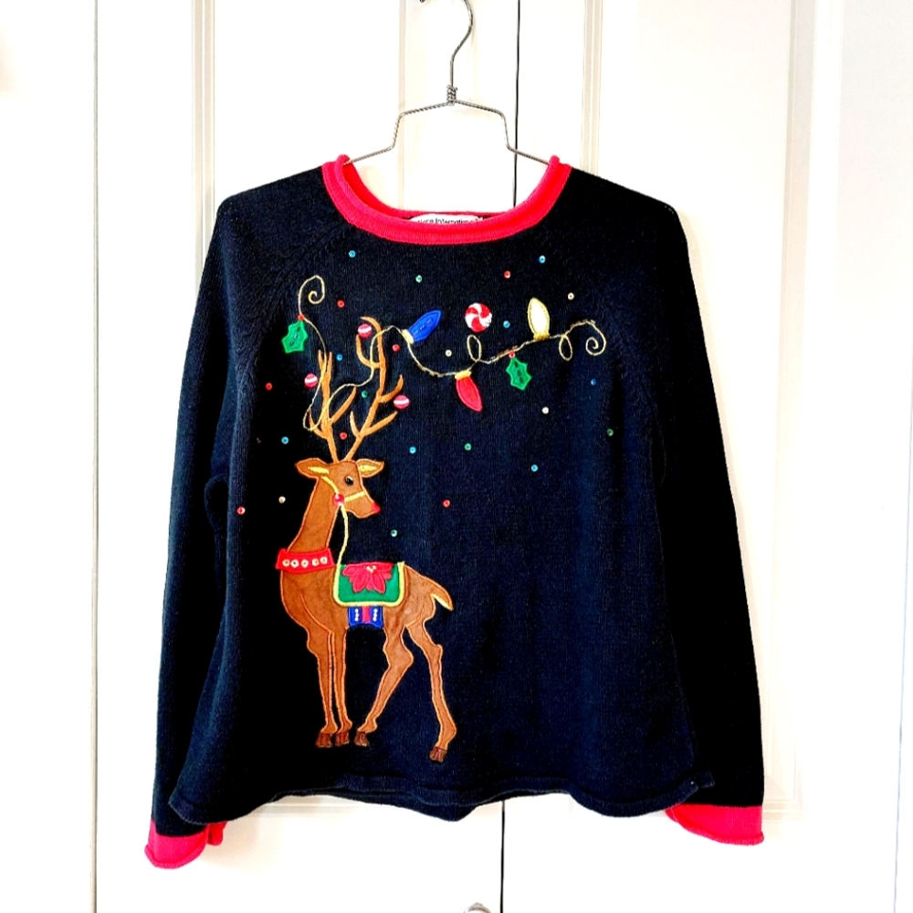 Christmas Lights Reindeer "Ugly" Sweater‎ size Medium Tiara Embroidered Sequined
